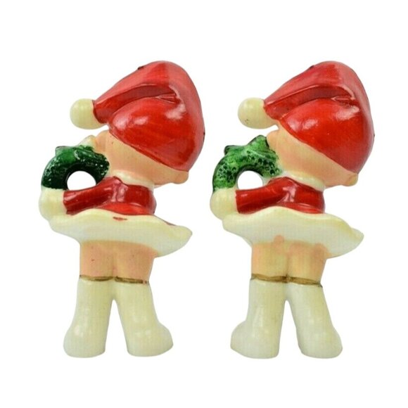 Vintage Kitschy Christmas Elves with Wreaths 4.5 inch Celluloid Figurines (Pair) - Picture 3 of 6